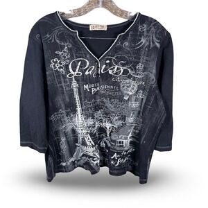 VTG Y2K Blue Canyon Paris Henley Shirt 1X Black Graphic Rhinestone Whimsigoth US